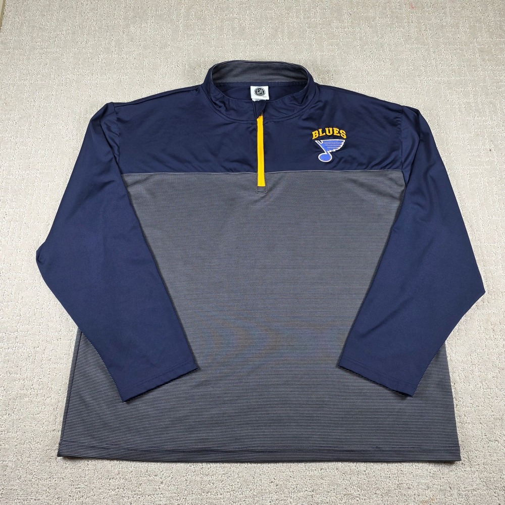 NHL St Louis Blues Mens 2XL Quarter Zip Pullover Navy Grey Striped Jacket Hockey